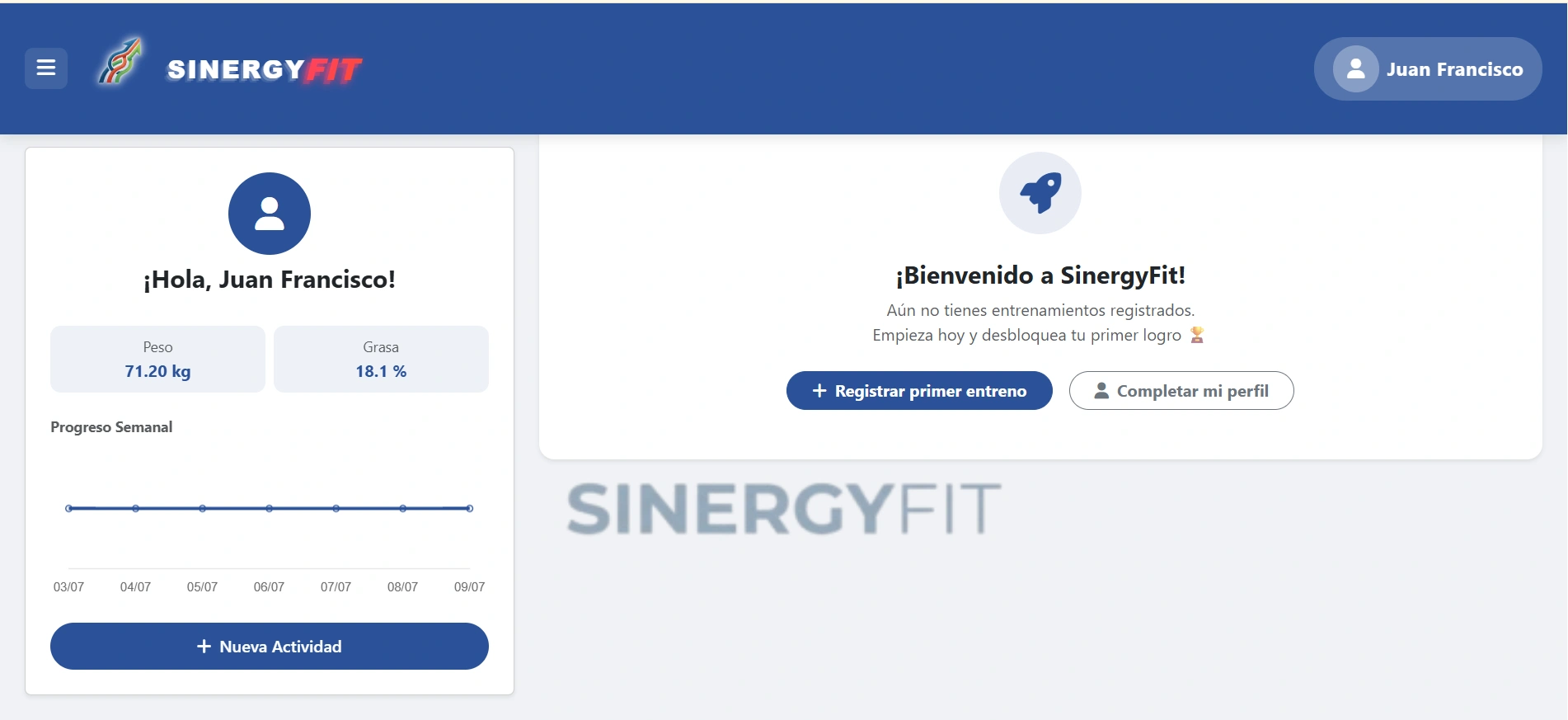 Panel de inicio de SinergyFit con peso, grasa corporal y progreso semanal