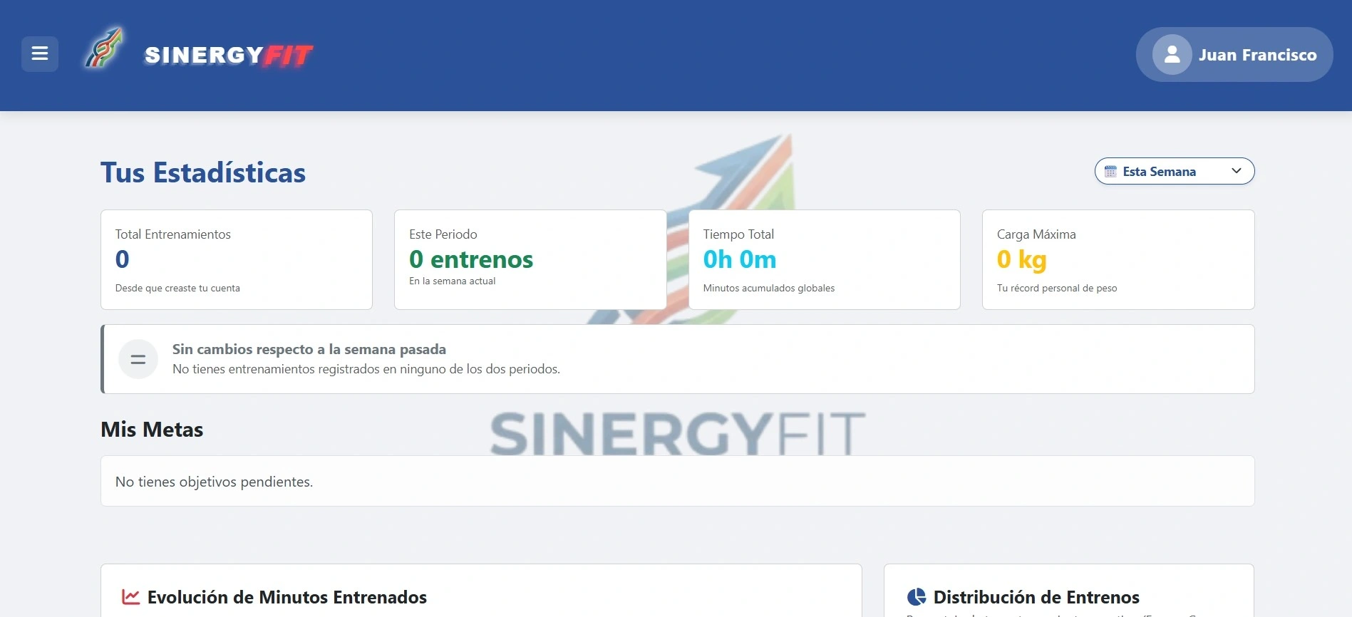 Estadísticas de entrenamiento y objetivos en SinergyFit